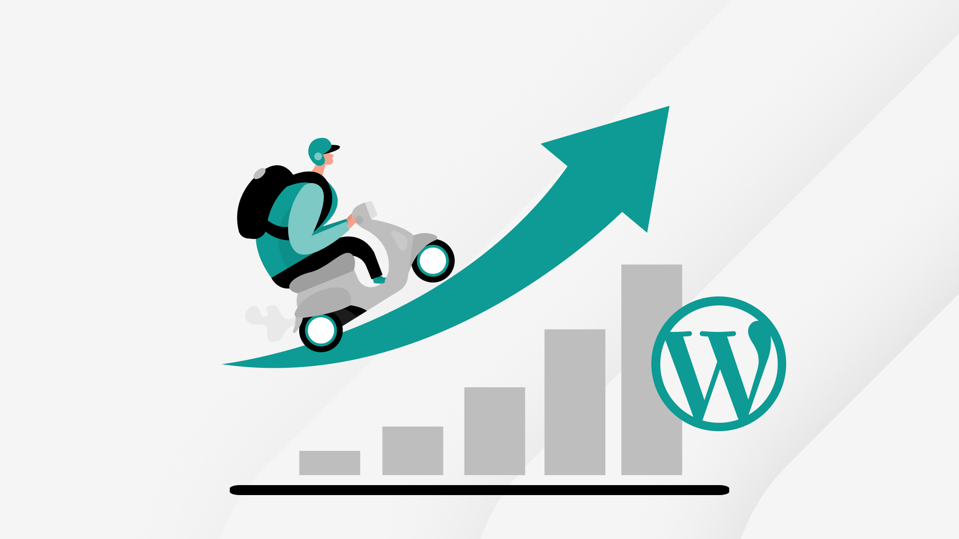 Illustration of a person on a scooter, riding on a curve going up with the WordPress logo at the base.