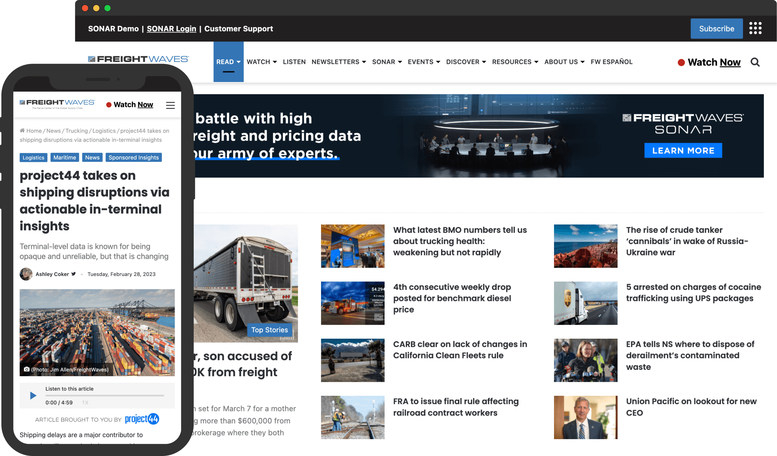 Screengrab of the FreightWaves website in a desktop and mobile version