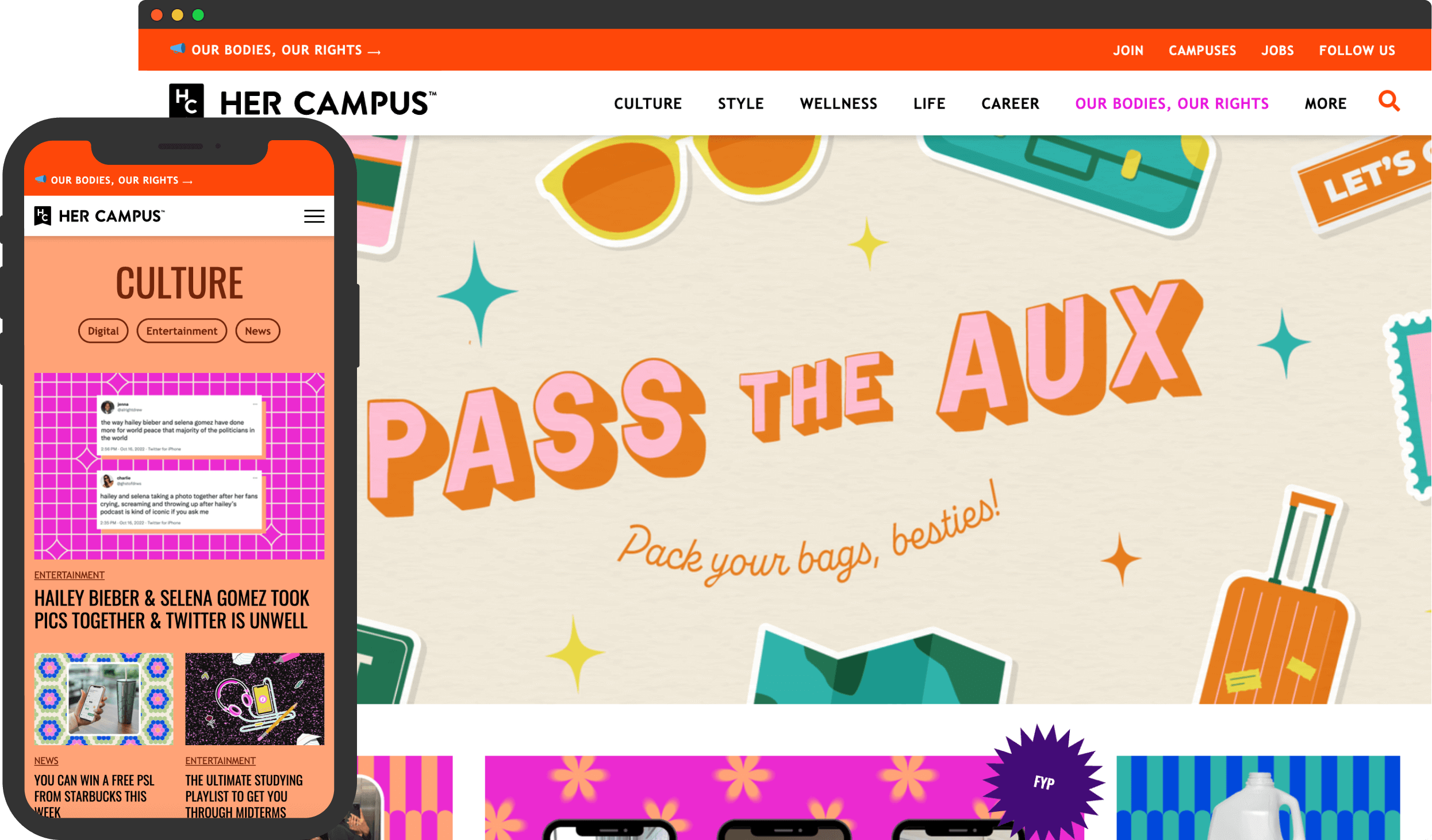 Screengrab of HerCampus website in a desktop and mobile mockup