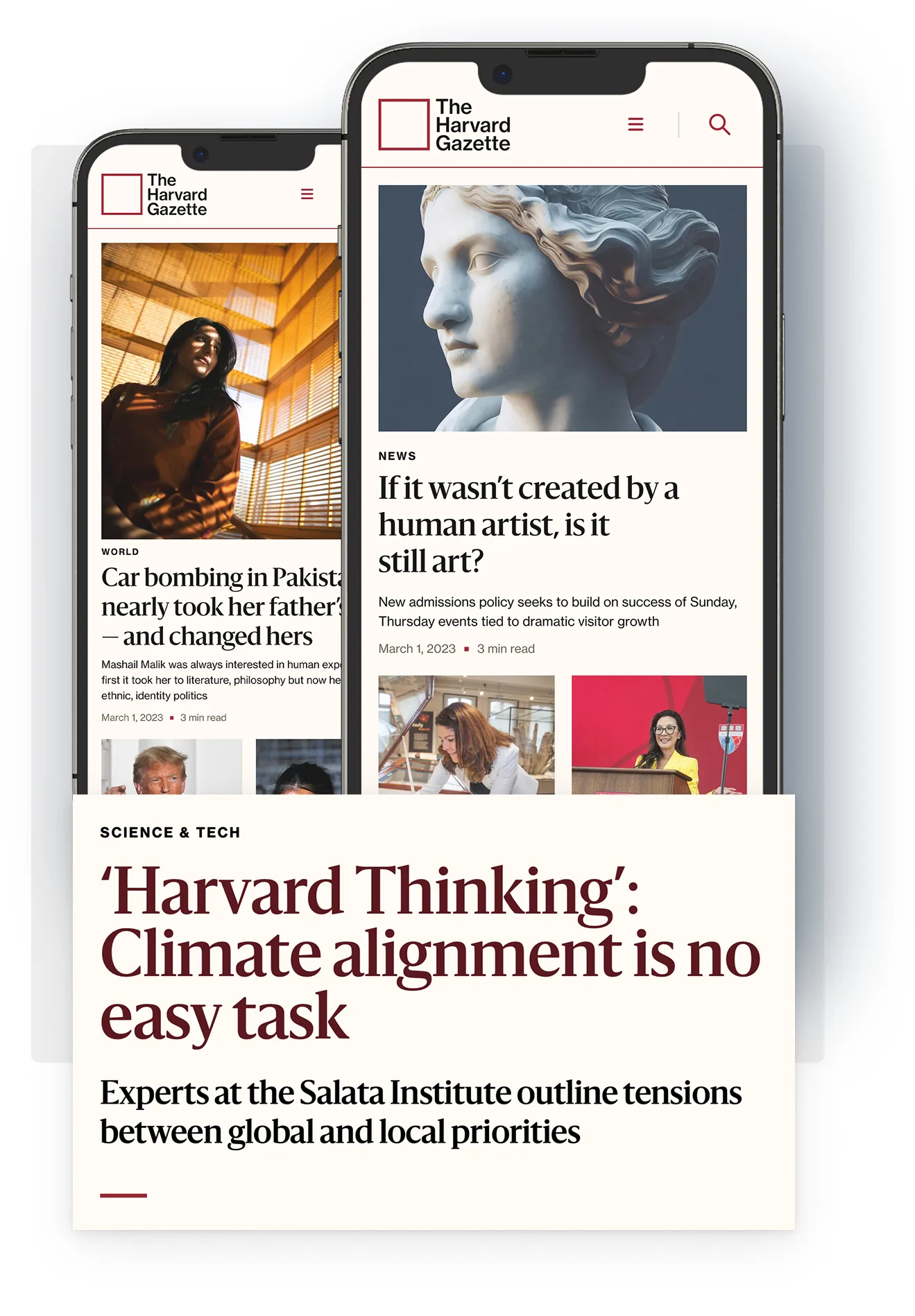 Images of the mobile view of the Harvard Gazette website above a Harvard Gazette article with the headline "Harvard Thinking: Climate alignment is no easy task"