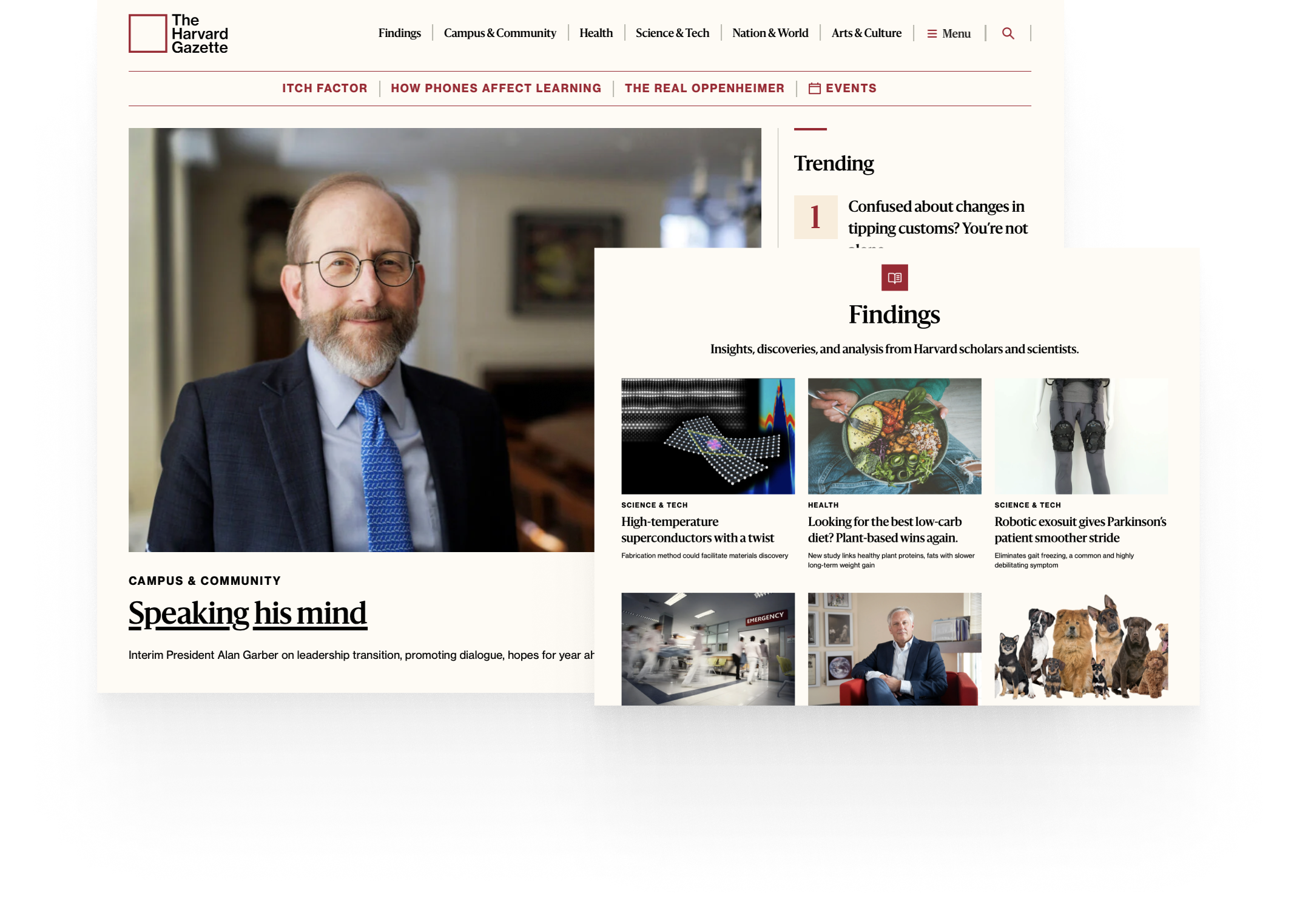 screengrabs of the Harvard Gazette website