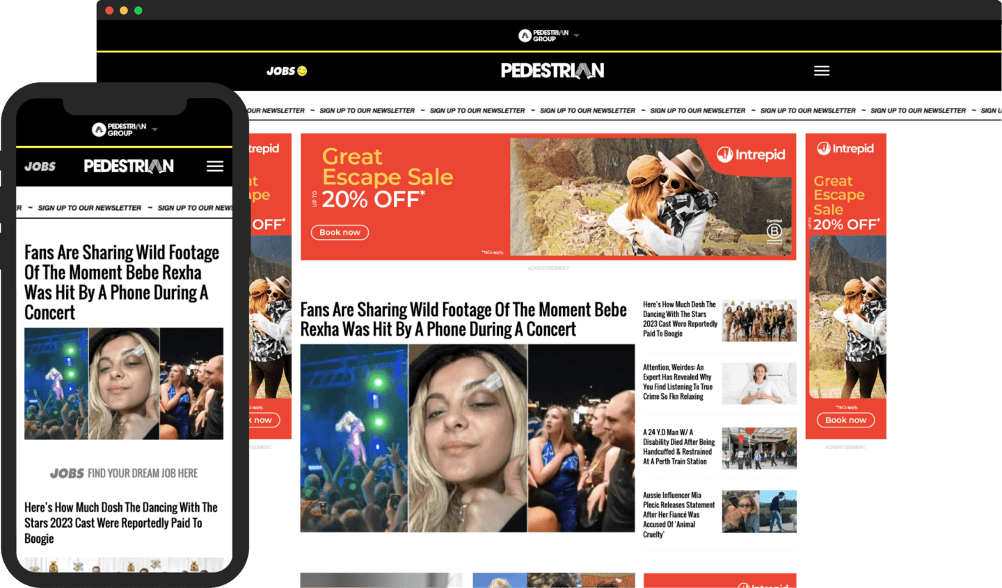 Migrating to Enterprise WordPress: Screengrab of the Pedestrian.TV website shown in a laptop and mobile preview