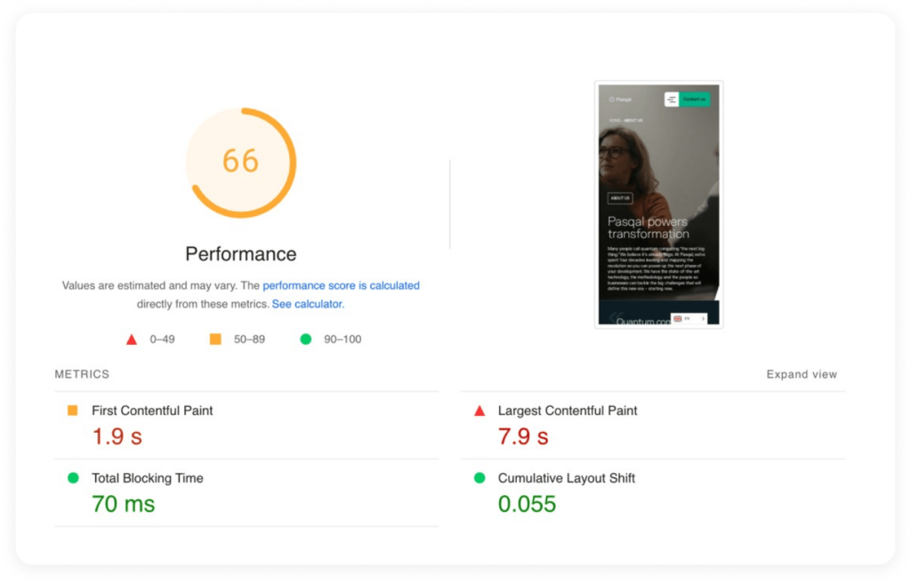 Core Web Vitals performance before migration of Pasqal to WordPress VIP