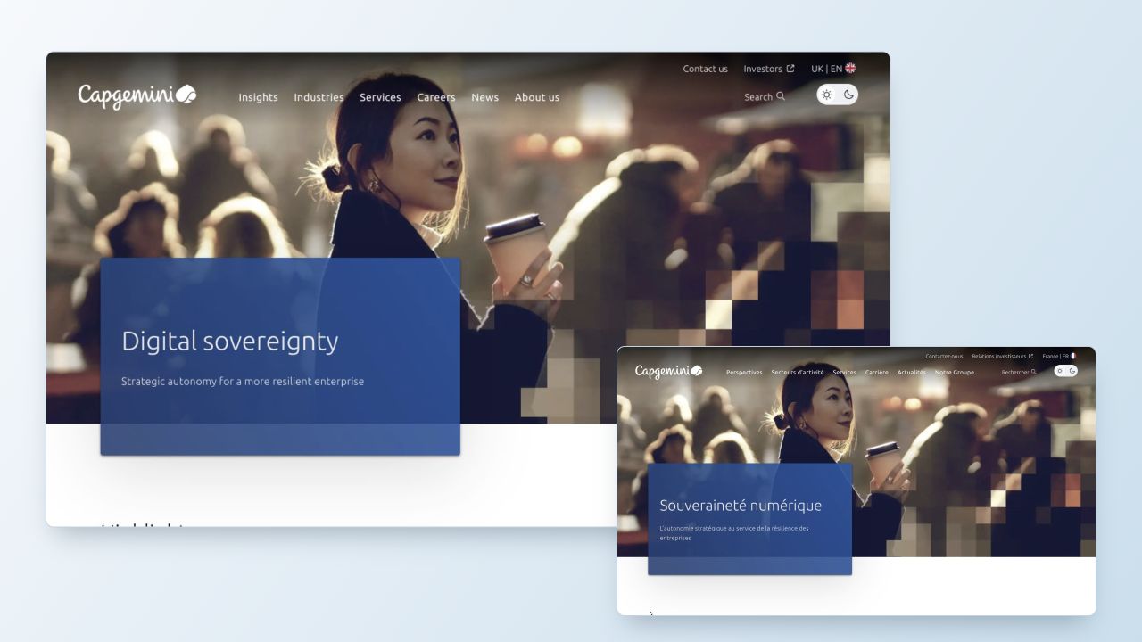 Capgemini’s UK and French regional sites shown as layered desktop views, making the shared international network and localisation visible on a restrained blue background.