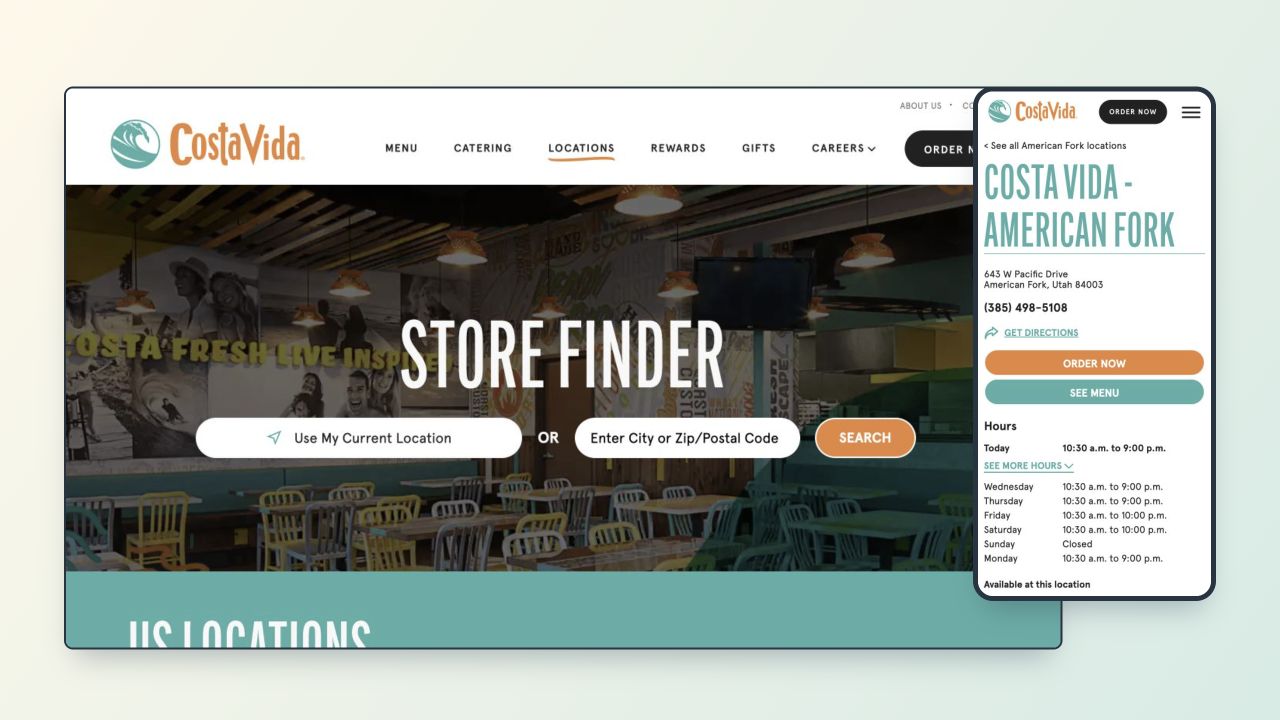 Costa Vida’s store finder shown on desktop with its American Fork location page at a genuine mobile viewport, presented on a warm cream and sage background.