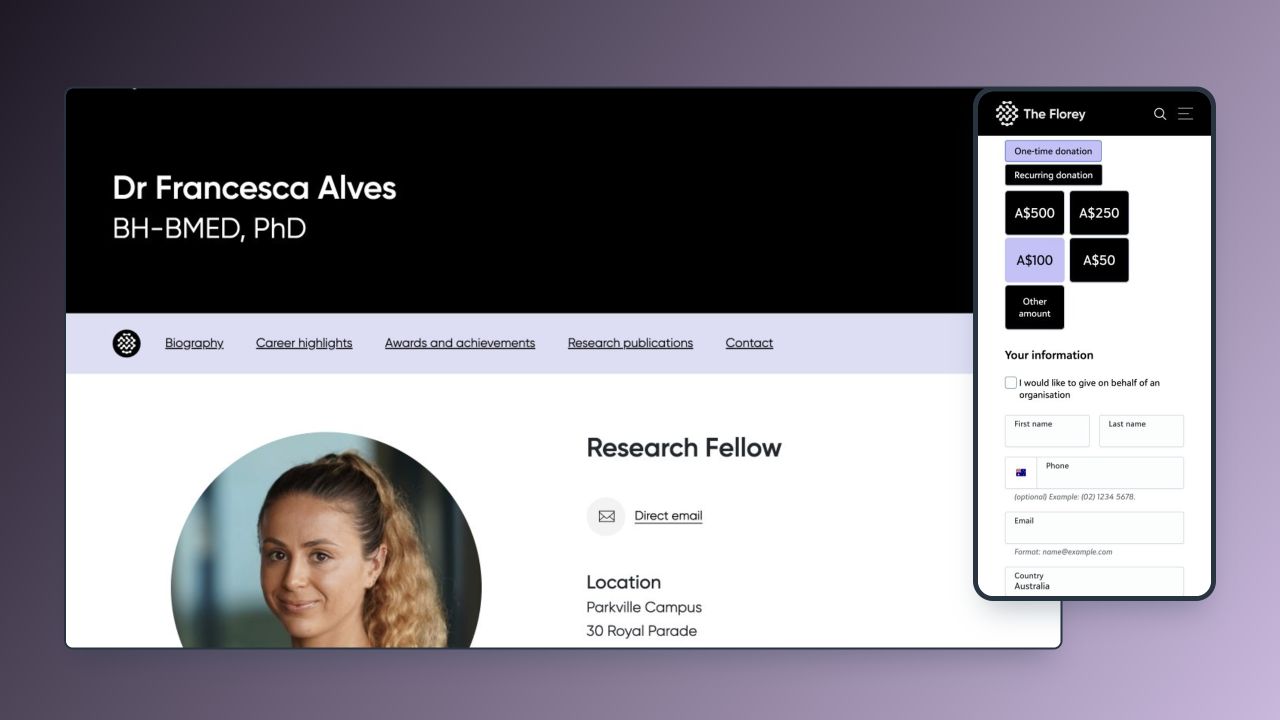 The Florey researcher profile shown on desktop with its genuine donation form at a mobile viewport, framed on a deep aubergine and lilac background.