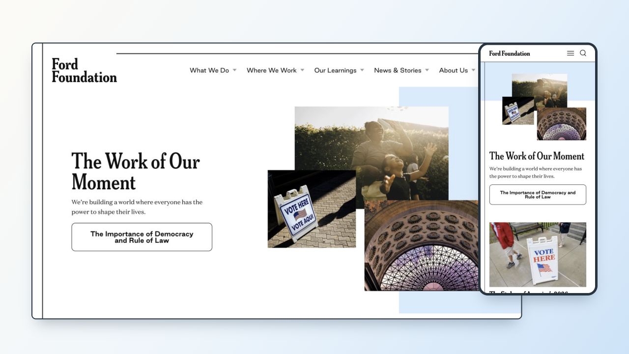 Ford Foundation website shown in desktop and mobile views, framed on a restrained background.