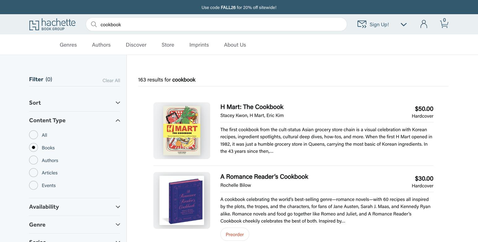 The Hachette Book Group site showing its searchable title catalog with filters, book covers, formats and prices