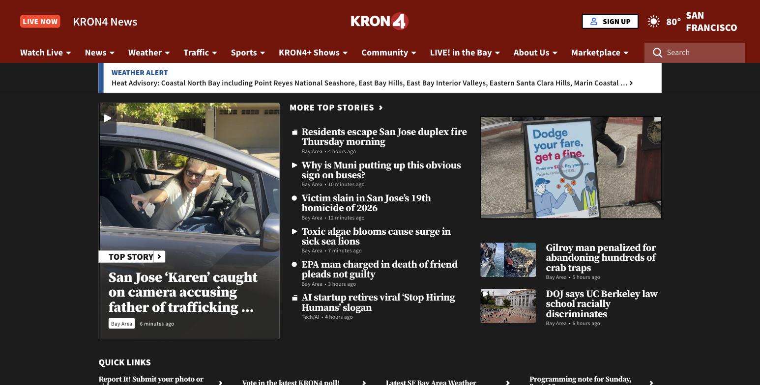 Screenshot of the KRON4 homepage on desktop, one of the Nexstar station sites