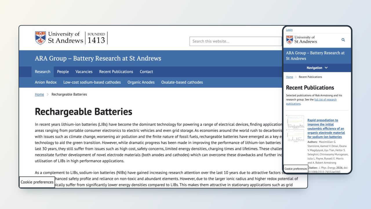 University of St Andrews ARA Group research page shown on desktop with its publications page at a genuine mobile viewport, presented on a pale stone and blue background.