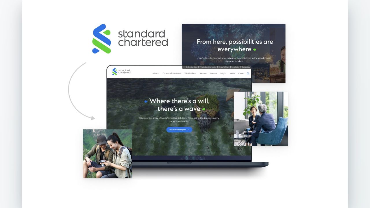 Standard Chartered website shown on a laptop with layered brand and customer imagery.