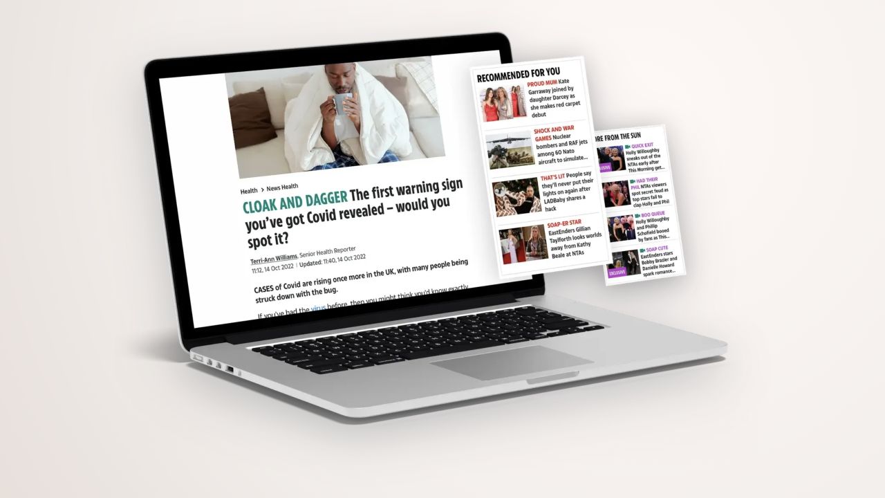 The Sun article page on a laptop with layered related-story panels.